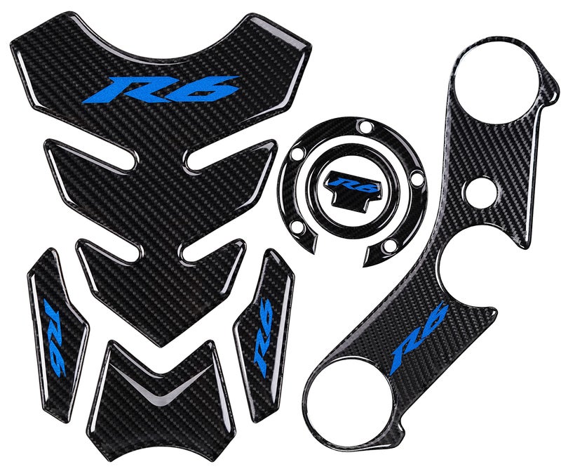 REVSOSTAR Real Carbon Fibre Gas Cap, Triple Tree Front End Upper, Top Clamp Decal Stickers, Tank Pad, Tank Protector for R6 600 2006-2016, 3 Pcs Per Set (Blue) - Image 1